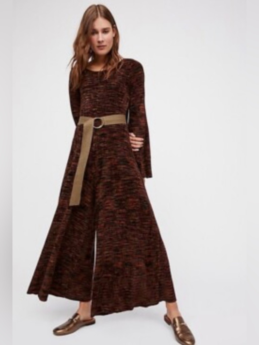 Free People Knit Wide-Leg Jumpsuit with Tan Belt
